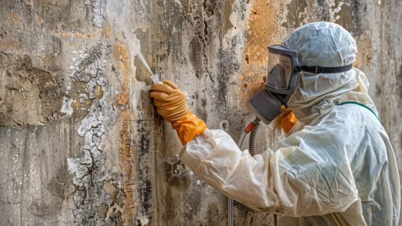 A worker in a respirator and protective suit scraping mold from a stained surface