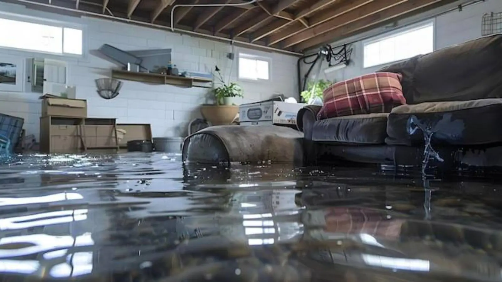 A flooded basement living area with standing water covering the floor