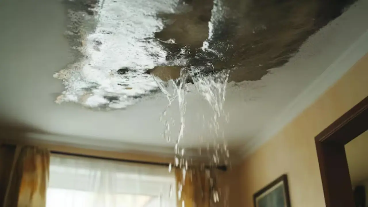 Water pouring through a damaged living room ceiling